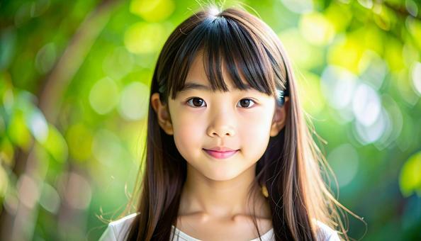 木漏れ日の緑の背景 少女のポートレート 木漏れ日の緑の背景 少女のポートレートの写真