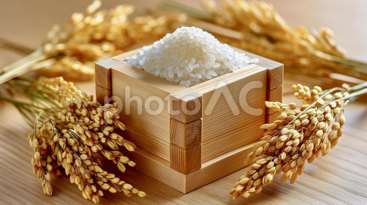 升に盛られた美しい日本米と稲穂 米,稲穂,ご飯の写真素材