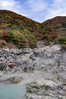 雲仙地獄と紅葉した山 雲仙,雲仙地獄,温泉の写真素材