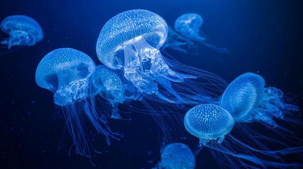 青い光に包まれた、美しいクラゲの浮遊 青い光に包まれた、美しいクラゲの浮遊の写真