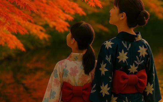 AI生成|紅葉と浴衣の母娘 AI生成|紅葉と浴衣の母娘の写真
