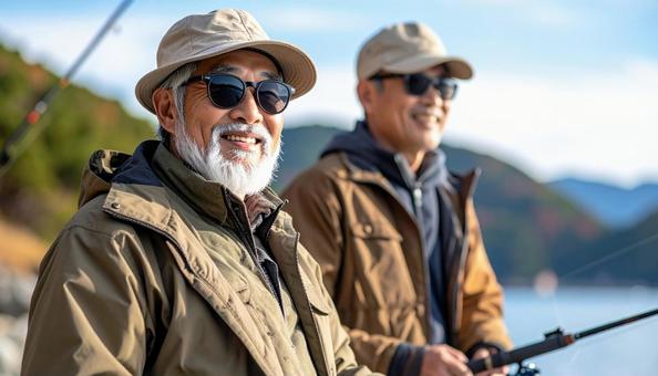 サングラスをかけて釣りをするシニア男性 サングラスをかけて釣りをするシニア男性の写真