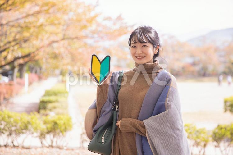 秋の公園にいる初心者マークを持つ女性 初心者,未経験者,秋の写真素材