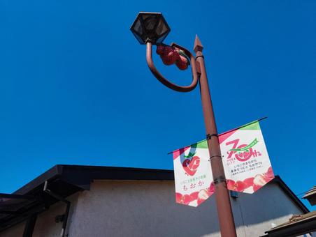 青空といちごの街灯と記念フラッグ 青空といちごの街灯と記念フラッグ 真岡,青空,街灯の写真素材