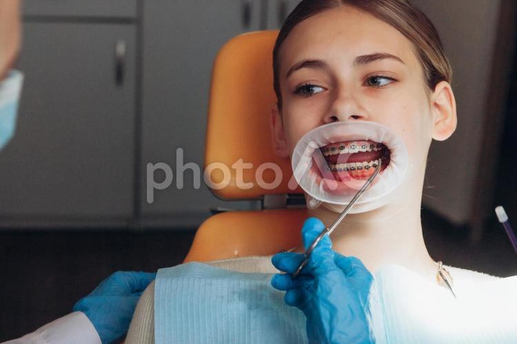 下の歯の治療をする女性 女性,歯科,矯正の写真素材