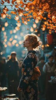 浴衣でライトアップ紅葉をの写真