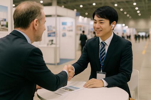 翻訳イヤホン商談 国際展示会ブース 翻訳イヤホン商談 国際展示会ブースの写真