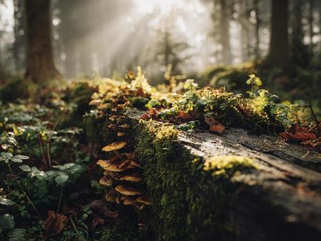 秋の森の地面に横たわる枯れ木 秋の森の地面に横たわる枯れ木の写真