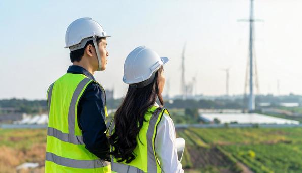 青空を見つめる電力・設計士・建築業の男女 青空を見つめる電力・設計士・建築業の男女の写真