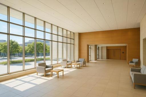 現代的なロビーと都市の景色の写真