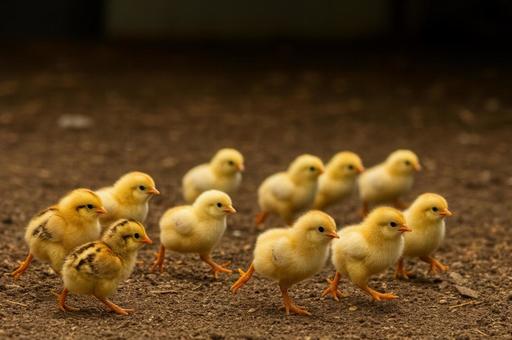 元気に走り出すひよこたちの写真