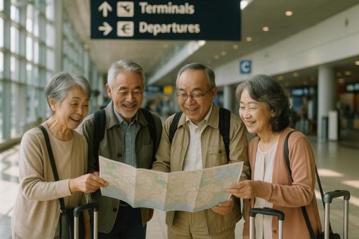 空港のロビーで地図を見るシニア夫婦と友人 空港のロビーで地図を見るシニア夫婦と友人の写真