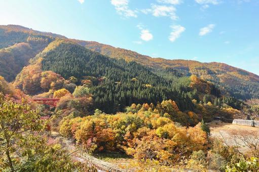 紅葉　松川渓谷　赤い橋 山,秋,風景の写真素材