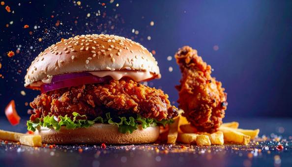 チキンバーガーとフライドポテト 鶏肉 チキンバーガーとフライドポテト 鶏肉の写真