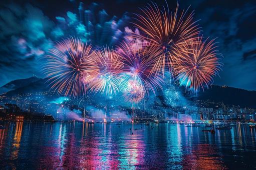 水面に映る夜空の花火 水面に映る夜空の花火の写真