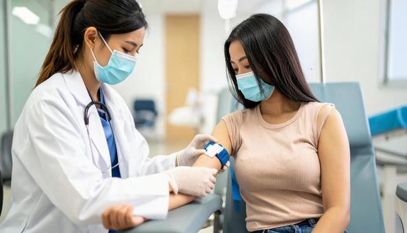 健康診断で血液検査の為血液採取される女性 健康診断で血液検査の為血液採取される女性の写真