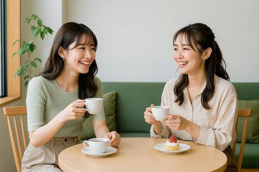 屋内で友達と談笑する女性二人組 屋内で友達と談笑する女性二人組の写真