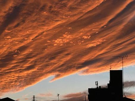 ビルと夕焼け 夕焼け,空,たそがれの写真素材