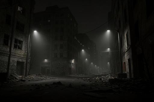 灯りに照らされた廃墟の夜道 灯りに照らされた廃墟の夜道の写真