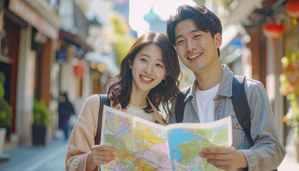 旅の途中に地図を広げるカップルの写真