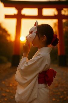 紅葉を見上げる少女と狐面（AI生成）の写真