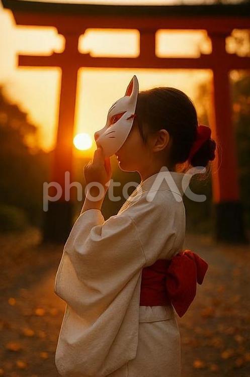 紅葉を見上げる少女と狐面（AI生成） 狐面,着物,白い着物の写真素材