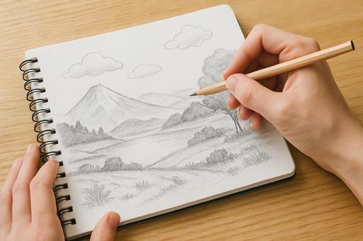 風景スケッチ手描き中・鉛筆画・絵を描く 風景スケッチ手描き中・鉛筆画・絵を描くの写真