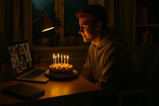 オンラインで誕生日を祝う若者 オンラインで誕生日を祝う若者の写真