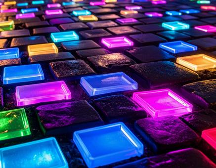 Cobblestones at night illuminated with light and fluorescent colors, cobblestone, tile, light, JPG
