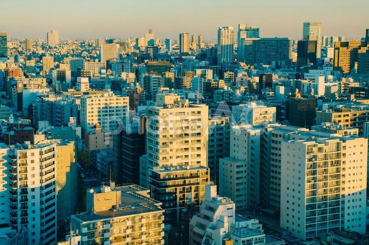 冬の夕暮れどきの東京の街並み 文京区,都会,都市風景の写真素材