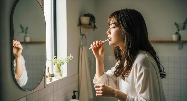 朝の洗面所で歯磨きをする若い女性 朝の洗面所で歯磨きをする若い女性の写真