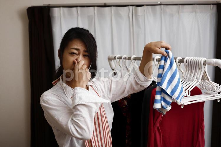 洗濯物のにおいを嗅ぐ女性 女性,人物,日本人の写真素材