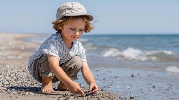 波打ち際で砂遊びをする子ども 波打ち際で砂遊びをする子どもの写真