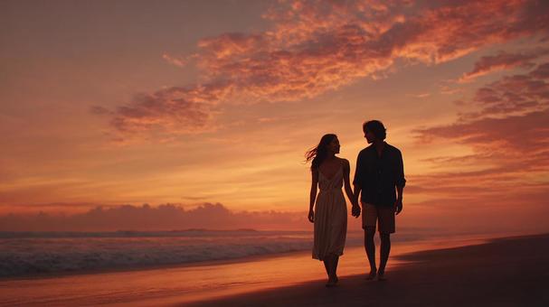 オレンジ色に染まる海と砂浜の写真