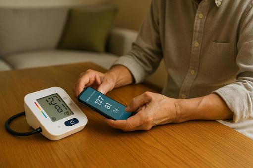 シニアがスマホで健康管理血圧測定 シニアがスマホで健康管理血圧測定の写真