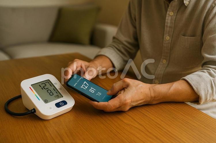 シニアがスマホで健康管理血圧測定 血圧測定,スマホ健康管理,高齢者の写真素材