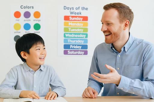 英会話塾で外国人講師と会話する小学生 英会話塾で外国人講師と会話する小学生の写真