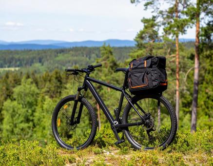 森にひと息、旅の続きを待つクロスバイクの写真