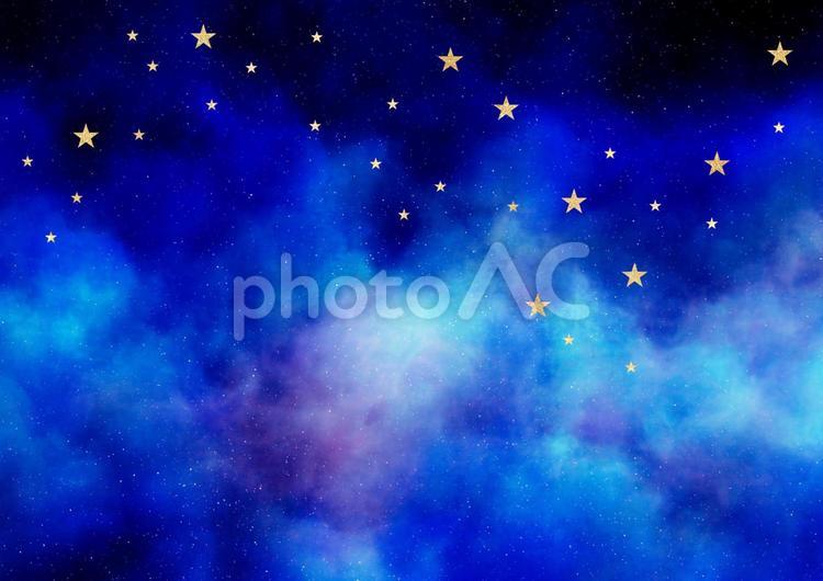 水彩風の夜空　金色のラメの星　背景イラスト素材（青・紫色・水色） 水彩,夜空,金色の写真素材