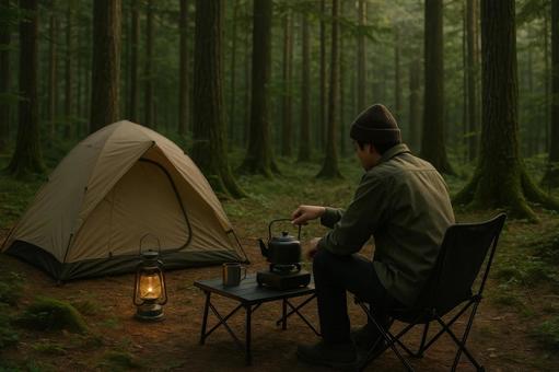 森の中で一人キャンプを楽しむ人 森の中で一人キャンプを楽しむ人の写真