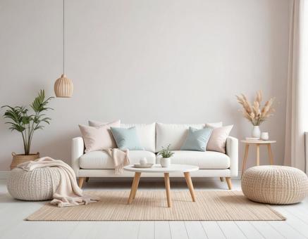 パステルカラーのリビングの写真