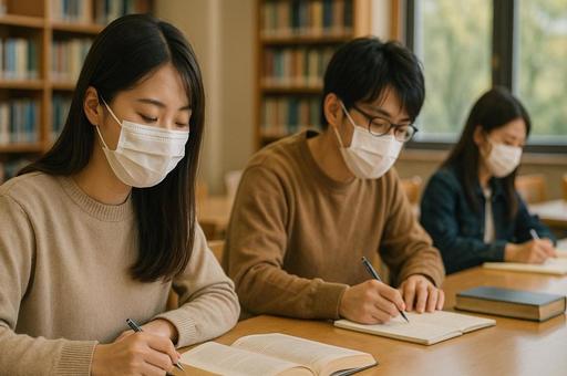 図書館で学ぶ学生マスク姿 図書館で学ぶ学生マスク姿の写真