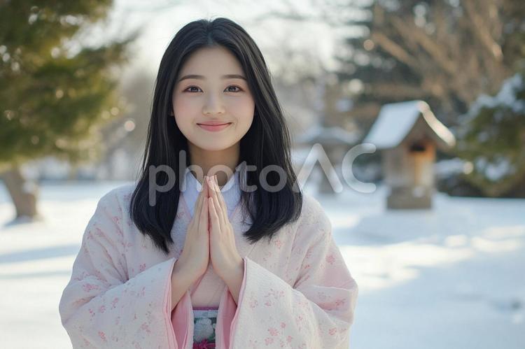 初詣で神社にお参りする若い女性　 女性,初詣,神社の写真素材