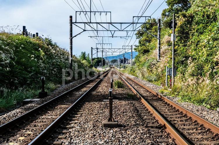 まっすぐ伸びる線路 線路,軌道,鉄道の写真素材