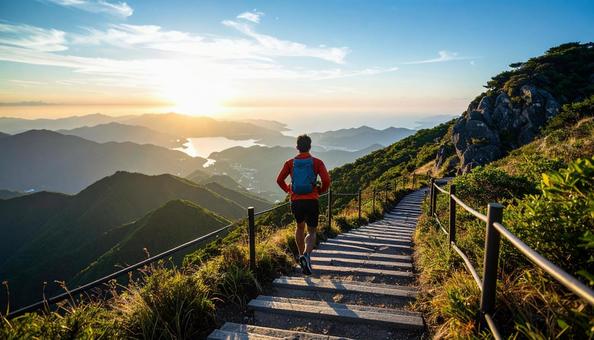 階段を駆け上がる日本人の男性ランナー 階段を駆け上がる日本人の男性ランナーの写真