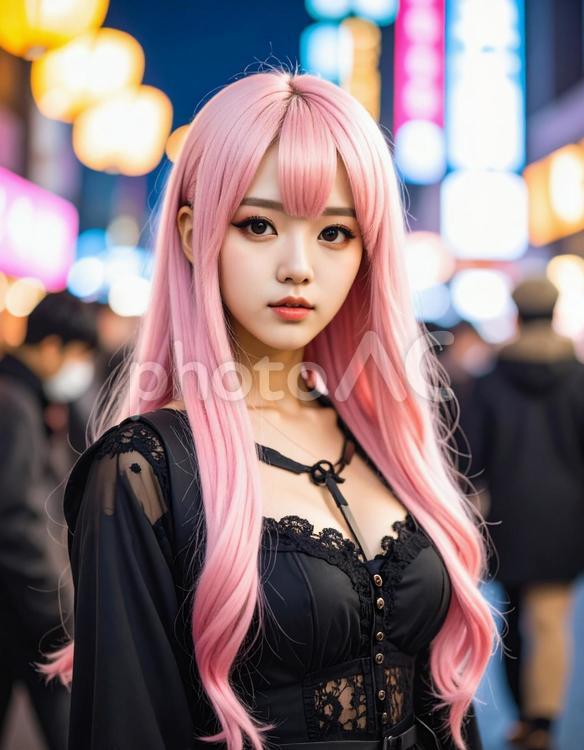 夜の電気街・黒レースコスの彼女 女子,オタク,地雷系の写真素材