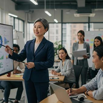 オフィスで働く笑顔のビジネスウーマン オフィスで働く笑顔のビジネスウーマンの写真