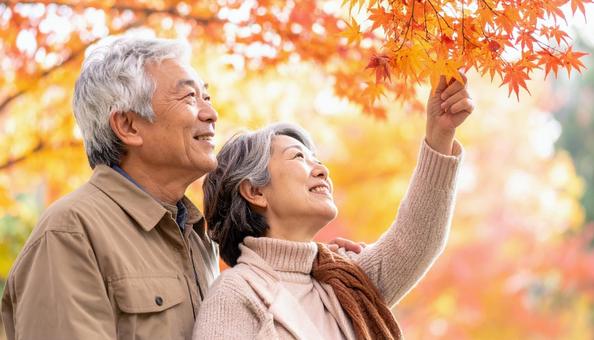 紅葉狩り 紅葉を眺めるシニア夫婦の横顔 紅葉狩り 紅葉を眺めるシニア夫婦の横顔の写真