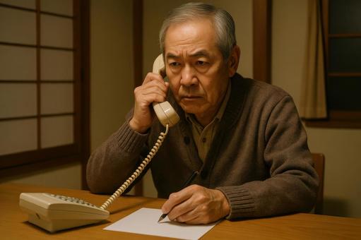 詐欺被害通報する高齢男性 詐欺被害通報する高齢男性の写真