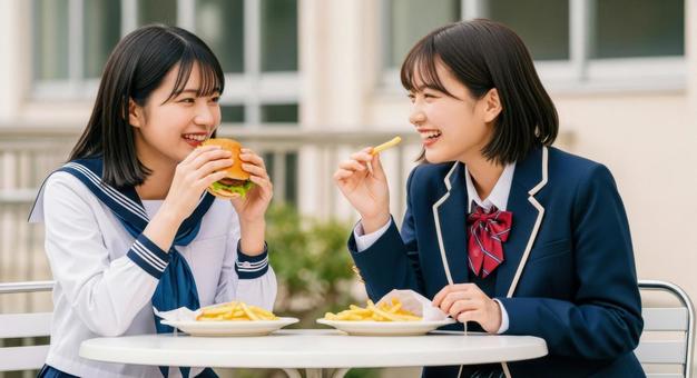 女子高生がハンバーガーとポテトを食べるの写真
